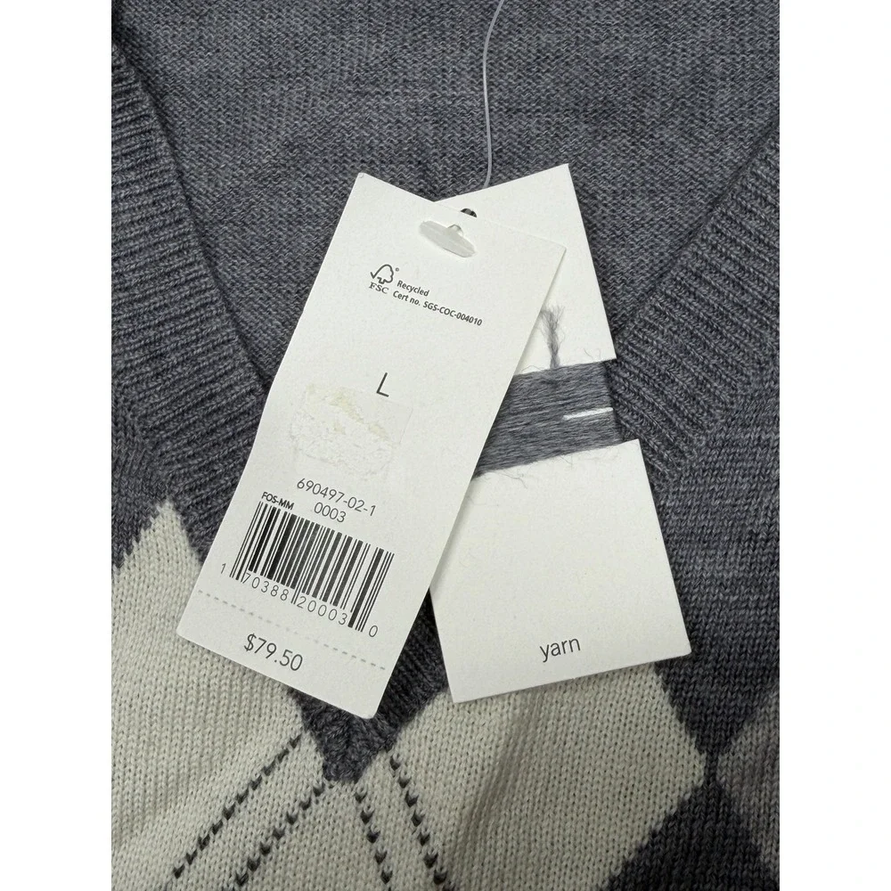 Banana Republic Sweater Mens Large Gray Extra Fine Merino Wool Argyle‎ Preppy